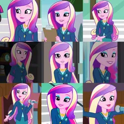 Size: 720x720 | Tagged: safe, derpibooru import, editor:megalobronia, screencap, princess cadance, human, equestria girls, g4, beautiful, clipboard, collage, dean cadance, eyeshadow, image, jpeg, makeup, microphone, my little pony equestria girls: friendship games, steps