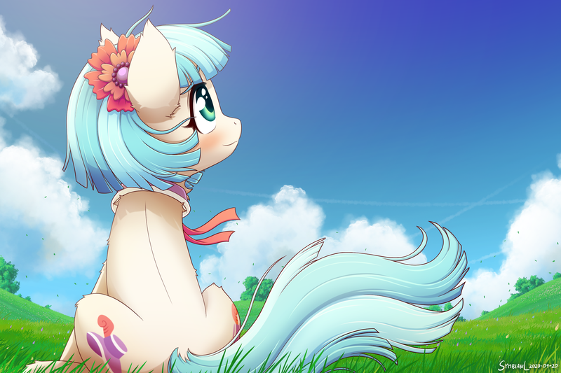 Size: 2400x1600 | Tagged: safe, artist:symbianl, derpibooru import, coco pommel, earth pony, pony, g4, beautiful, blushing, both cutie marks, cloud, cocobetes, cute, female, flower, grass, image, looking up, mare, outdoors, png, scenery, sitting, sky, smiling, solo, tail, wind, windswept mane, windswept tail