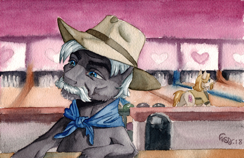 Size: 3421x2212 | Tagged: safe, artist:the-wizard-of-art, derpibooru import, burnt oak, jeff letrotski, ponified, earth pony, pony, g4, background pony, bandana, bowling alley, cowboy hat, hat, image, jeff bridges, jpeg, male, sam elliot, solo focus, stallion, the big lebowski, the dude, the stranger (the big lebowski), traditional art, watercolor painting