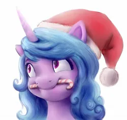 Size: 1800x1707 | Tagged: safe, artist:nedemai, derpibooru import, izzy moonbow, pony, unicorn, g5, candy, candy cane, christmas, female, food, hat, holiday, horn, image, jpeg, mare, mouth hold, santa hat, solo