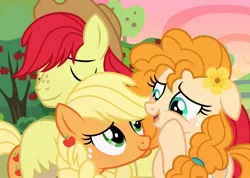 Size: 1710x1220 | Tagged: safe, artist:cstrawberrymilk, derpibooru import, applejack, bright mac, pear butter, earth pony, pony, g4, flower, flower in hair, hat, image, jpeg, outdoors