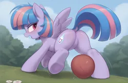 Size: 2864x1856 | Tagged: safe, ai content, machine learning generated, wind sprint, pony, ball, blushing, buckball, bucking, dock, featureless crotch, female, filly, flower, freckles, image, kicking, looking at you, low angle, motion blur, motion lines, open mouth, outdoors, png, raised hoof, rear view, solo, solo female, standing, sweat, sweatdrops, tail, wings