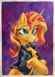 Size: 2806x3942 | Tagged: safe, artist:jsunlight, derpibooru import, sunset shimmer, pony, unicorn, g4, chest fluff, clothes, horn, image, jacket, jpeg, passepartout, solo, traditional art, watercolor painting