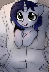 Size: 1474x2160 | Tagged: safe, artist:radioaxi, derpibooru import, oc, oc:moonsonat, unofficial characters only, human, pony, unicorn, clothes, duo, female, hoodie, horn, image, jpeg, mare, open mouth, open smile, smiling, sweatshirt