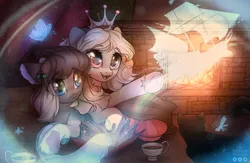 Size: 2450x1600 | Tagged: safe, artist:radioaxi, derpibooru import, oc, unofficial characters only, butterfly, cat, dragonfly, insect, pony, art trade, chest fluff, clothes, crown, cup, duo, eye clipping through hair, female, fire, fireplace, image, jewelry, looking at something, magic, mare, open mouth, open smile, png, regalia, ship, smiling, socks, striped socks, underhoof, unshorn fetlocks