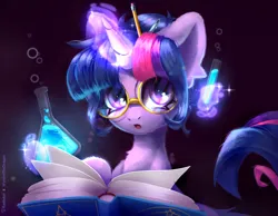 Size: 4500x3500 | Tagged: safe, artist:radioaxi, artist:wyvernthedragon, derpibooru import, twilight sparkle, twilight sparkle (alicorn), alicorn, pony, g4, :o, book, collaboration, cute, erlenmeyer flask, female, flask, glasses, glow, glowing horn, hair bun, high res, horn, image, levitation, looking at you, magic, magic aura, mare, open mouth, pen, pencil, png, potion, round glasses, science, solo, telekinesis, test tube, twiabetes