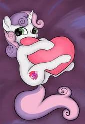 Size: 1536x2244 | Tagged: safe, artist:mfg637, derpibooru import, sweetie belle, pony, unicorn, g4, ai interpretation, cute, diasweetes, digital art, dock, female, filly, foal, heart, heart pillow, horn, hug, image, pillow, pillow hug, png, solo, tail