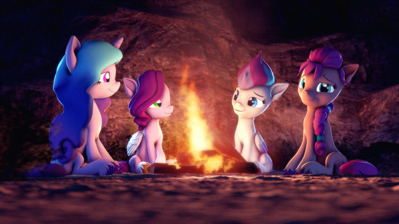 Size: 3840x2160 | Tagged: safe, artist:psfmer, derpibooru import, izzy moonbow, pipp petals, sunny starscout, zipp storm, earth pony, pegasus, pony, unicorn, g5, my little pony: a new generation, 3d, braid, braided ponytail, campfire, female, folded wings, high res, horn, image, looking at you, lucky bastard, mare, night, offscreen character, outdoors, png, ponytail, scene interpretation, sitting, source filmmaker, unshorn fetlocks, wings