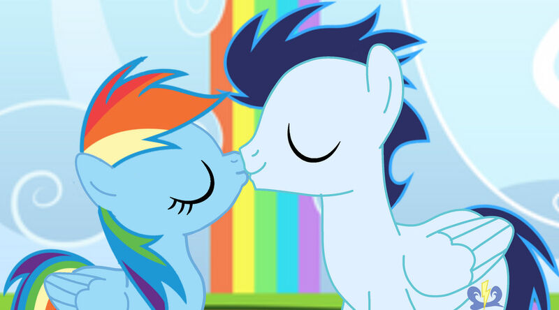 Size: 1280x711 | Tagged: safe, artist:soarindasher10, derpibooru import, rainbow dash, soarin', pegasus, pony, g4, female, image, jpeg, kiss on the lips, kissing, male, mare, shipping, soarindash, stallion, straight