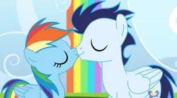 Size: 1280x711 | Tagged: safe, artist:soarindasher10, derpibooru import, rainbow dash, soarin', pegasus, pony, g4, female, image, jpeg, kiss on the lips, kissing, male, mare, shipping, soarindash, stallion, straight