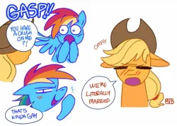 Size: 1401x998 | Tagged: safe, artist:jellynut, derpibooru import, applejack, rainbow dash, earth pony, pegasus, pony, g4, :o, appledash, applejack's hat, blushing, cowboy hat, dialogue, duo, duo female, female, hat, image, jpeg, lesbian, mare, open mouth, ponytail, shipping, signature, simple background, smiling, speech bubble, surprised, talking, text, white background