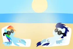 Size: 1935x1285 | Tagged: safe, anonymous artist, derpibooru import, rainbow dash, soarin', pegasus, pony, series:soarindash honeymoon, series:soarindash romantic tales, g4, beach, cute, dashabetes, derpibooru exclusive, female, glasses, heartwarming, image, male, mare, png, pointy ponies, primal instinct, rainbow dash is best pony, shipping, soarinbetes, soarindash, stallion, straight, sun