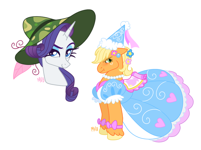 Size: 4000x3000 | Tagged: safe, artist:jellynut, derpibooru import, applejack, rarity, earth pony, pony, unicorn, g4, griffon the brush off, look before you sleep, beach hat, bow, clothes, dress, duo, duo female, embarrassed, eyeshadow, fancy, female, flower, flower in hair, freckles, froufrou glittery lacy outfit, hat, hennin, horn, image, jewelry, makeup, mare, my little pony, necklace, pearl necklace, png, princess, puffy sleeves, simple background, white background