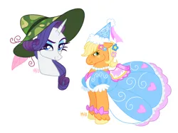 Size: 4000x3000 | Tagged: safe, artist:jellynut, derpibooru import, applejack, rarity, earth pony, pony, unicorn, g4, griffon the brush off, look before you sleep, beach hat, bow, clothes, dress, duo, duo female, embarrassed, eyeshadow, fancy, female, flower, flower in hair, freckles, froufrou glittery lacy outfit, hat, hennin, horn, image, jewelry, makeup, mare, my little pony, necklace, pearl necklace, png, princess, puffy sleeves, simple background, white background