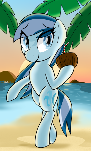 Size: 1500x2500 | Tagged: safe, artist:notadeliciouspotato, derpibooru import, oc, oc:serene dive, unofficial characters only, earth pony, pony, semi-anthro, beach, bipedal, coconut cup, female, hoof hold, image, looking at you, mare, png, smiling, solo, sun, water