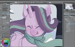 Size: 3237x2050 | Tagged: safe, artist:jellynut, derpibooru import, starlight glimmer, pony, unicorn, g4, art program in frame, clothes, eyes closed, female, horn, image, mare, open mouth, png, scarf, snow, solo, tongue out, wip