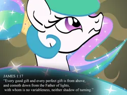 Size: 1600x1200 | Tagged: safe, artist:1611volk, derpibooru import, princess celestia, alicorn, pony, g4, bible, bible verse, bust, christianity, ethereal mane, female, hairband, image, mare, png, ponytail, religion, solo, text