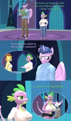 Size: 1920x3240 | Tagged: suggestive, artist:papadragon69, derpibooru import, braeburn, rarity, spike, twilight sparkle, anthro, dragon, g4, 3d, against wall, bailey sweet, barb, blushing, breasts, busty barb, comic, dragoness, dusk shine, elusive, female, image, lizard breasts, male, older barb, png, rule 63, ship:barlusive, shipping, shortstack, source filmmaker, sparity, straight, talking