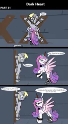 Size: 1920x3516 | Tagged: semi-grimdark, artist:platinumdrop, derpibooru import, derpy hooves, princess flurry heart, alicorn, pegasus, pony, comic:dark heart, g4, 3 panel comic, abuse, alternate timeline, bleeding, blood, bloody mouth, bondage, bondage cross, bondage cuffs, bondage furniture, bondage gear, bound, bound wings, bound wrists, bracelet, bruised, collar, comic, commission, cruel, crying, crystal, crystal castle, crystal empire, cuffed, cuffs, dark crystal, derpybuse, dialogue, dungeon, evil, evil flurry heart, evil grin, excited, fear, female, folded wings, grin, helpless, horn, horn impalement, image, indoors, looking at each other, looking at someone, mare, older, older derpy hooves, older flurry heart, pain, pleading, png, prisoner, psychotic, punishment, rearing, restrained, scared, slave, slave collar, smiling, smug, speech bubble, spiked collar, spiked wristband, spread eagle, spread legs, spread wings, spreading, tears of fear, tears of pain, teary eyes, this will end in death, this will not end well, victorious villain, walking, wall of tags, wings, wristband