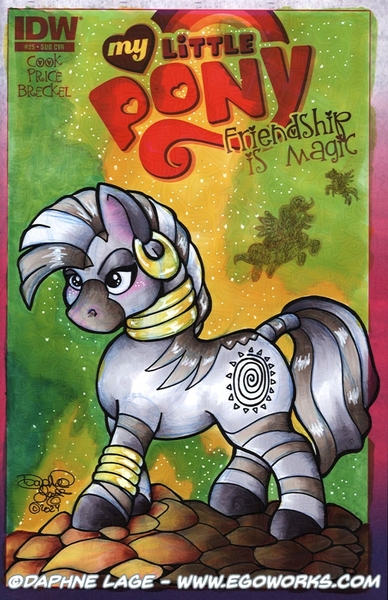 Size: 600x928 | Tagged: safe, artist:daphnelage, derpibooru import, idw, zecora, zebra, g4, comic cover, cover, cover art, ear piercing, earring, female, green background, image, jewelry, jpeg, leg rings, my little pony: friendship is magic (idw), neck rings, piercing, simple background, sketch cover, solo, solo female, traditional art