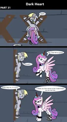 Size: 1920x3516 | Tagged: semi-grimdark, artist:platinumdrop, derpibooru import, derpy hooves, princess flurry heart, alicorn, pegasus, pony, comic:dark heart, g4, 3 panel comic, abuse, alternate timeline, bleeding, blood, bloody mouth, bondage, bondage cross, bondage cuffs, bondage furniture, bondage gear, bound, bound wings, bound wrists, bracelet, bruised, collar, comic, commission, cruel, crying, crystal, crystal castle, crystal empire, cuffed, cuffs, dark crystal, derpybuse, dialogue, dungeon, evil, evil flurry heart, evil grin, excited, fear, female, folded wings, grin, helpless, horn, horn impalement, image, indoors, looking at each other, looking at someone, mare, older, older derpy hooves, older flurry heart, pain, pleading, png, prisoner, psychotic, punishment, rearing, restrained, scared, slave, slave collar, smiling, smug, speech bubble, spiked collar, spiked wristband, spread eagle, spread legs, spread wings, spreading, tears of fear, tears of pain, teary eyes, this will end in death, this will not end well, victorious villain, walking, wall of tags, wings, wristband