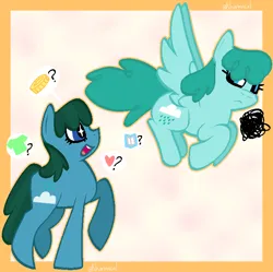 Size: 726x723 | Tagged: safe, artist:kharmacal, derpibooru import, spring melody, sprinkle medley, earth pony, pegasus, g4, duo, emanata, image, passepartout, png, self paradox, self ponidox, wingding eyes