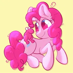 Size: 1933x1933 | Tagged: safe, artist:cupute, derpibooru import, pinkie pie, earth pony, pony, g4, adorable face, big ears, big eyes, blue eyes, bluesky, creature, curly hair, curly mane, curly tail, cute, cute face, diapinkes, ears up, female, frizzy hair, full body, highlights, image, imported from bluesky, jpeg, looking at each other, looking at hooves, looking at someone, looking at something, looking forward, lying down, mascara, messy mane, nerd, pink coat, pink hair, pink mane, pink tail, ponk, shiny, shiny mane, silly, simple background, smiling, tail, thick eyelashes, yellow background