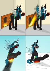 Size: 2894x4093 | Tagged: suggestive, artist:cicatrixmisfortune, derpibooru import, queen chrysalis, g4, angry, burned, burned butt, burning, cartoon physics, chimney, comic, commission, crying, embarrassed, fire, funny, image, literal butthurt, male, pain, png, reddened butt, smoke, tears of pain, trap (device)