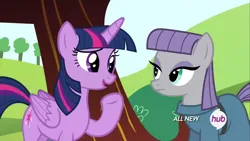 Size: 1280x720 | Tagged: safe, derpibooru import, screencap, maud pie, twilight sparkle, twilight sparkle (alicorn), alicorn, earth pony, g4, maud pie (episode), female, hub logo, image, jpeg, logo, my little pony, the hub