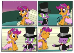 Size: 1054x758 | Tagged: safe, artist:nick-alex-gin, derpibooru import, scootaloo, spike, dragon, pegasus, pony, a canterlot wedding, g4, bench, clothes, comic, cute, dress, duo, duo male and female, eyes closed, female, floral head wreath, flower, flower girl, flower girl dress, grass, hat, image, jpeg, looking at each other, looking at someone, male, my little pony, night, scootaspike, shipping, sitting, straight, top hat, tuxedo, wingless spike