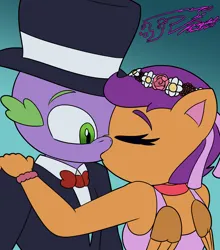 Size: 3700x4200 | Tagged: safe, artist:digi1talpho3nix, derpibooru import, scootaloo, spike, anthro, dragon, pegasus, pony, a canterlot wedding, g4, bowtie, clothes, comic, digital art, dress, duo, duo male and female, eyes closed, female, floral head wreath, flower, flower girl, flower girl dress, folded wings, gradient background, hand on shoulder, hat, high res, image, kissing, male, my little pony, png, scootaspike, shipping, signature, straight, top hat, tuxedo, wingless spike, wings