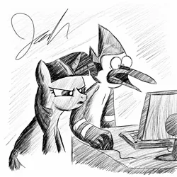 Size: 1600x1600 | Tagged: safe, artist:sketchworkstoo, derpibooru import, twilight sparkle, bird, blue jay, pony, unicorn, g4, computer, desk, duo, duo male and female, female, grayscale, image, implied crossover, implied crossover shipping, implied mordecai, implied mordetwi, implied shipping, implied twilight sparkle, jpeg, male, monochrome, mordecai, regular show, shocked, shocked expression, signature, unicorn twilight