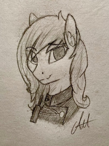 Size: 659x878 | Tagged: safe, artist:biergarten13, derpibooru import, pegasus, fallout equestria, bust, clothes, enclave, enclave officer, fallout, image, jpeg, looking back, military uniform, pencil drawing, radio, sketch, traditional art, uniform, walkie talkie