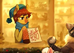 Size: 1254x903 | Tagged: safe, artist:erein, artist:lostgoose, derpibooru import, oc, oc:gloom maple, unofficial characters only, earth pony, pony, alternate universe, brown eyes, christmas, christmas lights, christmas market, clothes, coat markings, collaboration, ears, ears up, earth pony oc, freckles, hat, holiday, image, jpeg, male, outdoors, red mane, scarf, stallion, winter, winter outfit, yellow coat