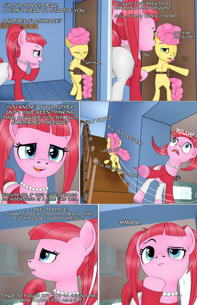 Size: 1989x3072 | Tagged: safe, artist:anonymousandrei, derpibooru import, li'l cheese, pacific glow, earth pony, pony, comic:life of li'l cheese, g4, the last problem, bag, bipedal, clothes, colt, comic, derpibooru exclusive, female, foal, image, indoors, jpeg, male, mare, older, older pacific glow, saddle bag, stairs, step-parent and step-child, stepmother, talking, text