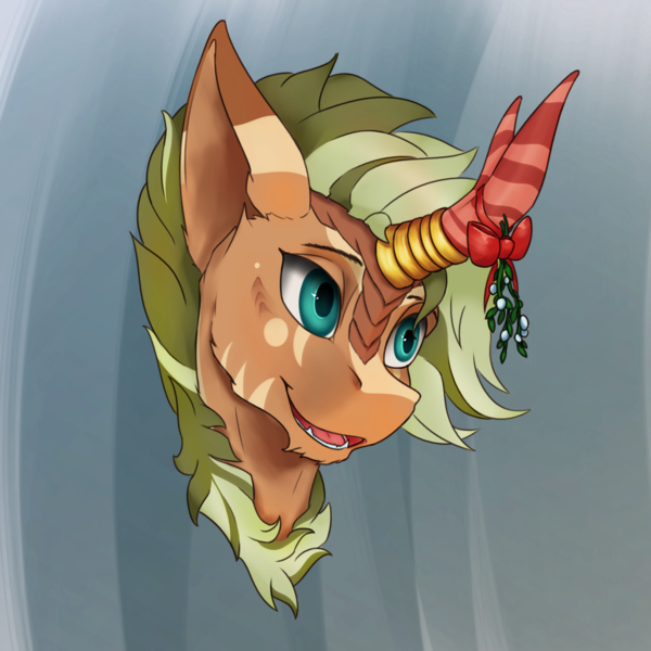 Size: 2160x2160 | Tagged: safe, artist:tenebrisnoctus, derpibooru import, oc, unofficial characters only, kirin, abstract background, bust, high res, image, kirin oc, mistletoe, open mouth, open smile, png, smiling, solo