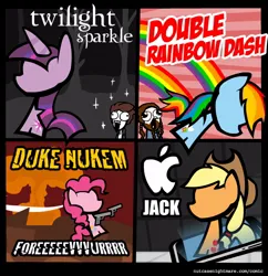 Size: 600x620 | Tagged: safe, derpibooru import, applejack, pinkie pie, rainbow dash, twilight sparkle, earth pony, pegasus, unicorn, g4, apple (company), comic, crossover, duke nukem, gun, horn, image, jpeg, meme, twilight (series), weapon