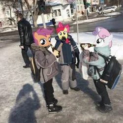 Size: 736x736 | Tagged: safe, derpibooru import, edit, apple bloom, scootaloo, sweetie belle, g4, alcohol, backpack, beer, beer bottle, bottle, cutie mark crusaders, drink, drinking, image, jpeg, meme, photo, poland, street, traffic light, underaged drinking, winter