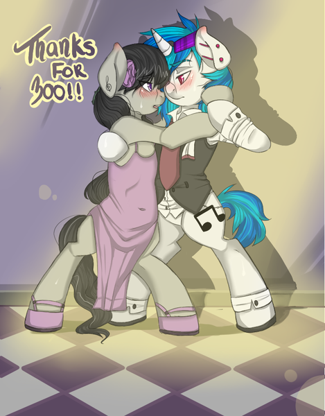 Size: 703x900 | Tagged: safe, derpibooru import, octavia melody, vinyl scratch, earth pony, pony, unicorn, g4, bipedal, blushing, clothes, dancing, dress, ear piercing, female, horn, image, industrial piercing, lesbian, looking into each others eyes, mare, necktie, piercing, png, scratchtavia, shipping, shirt, vest