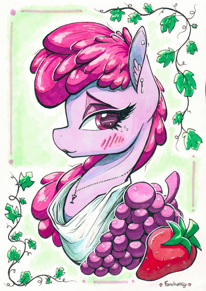 Size: 3492x4947 | Tagged: safe, artist:fanch1, derpibooru import, berry punch, berryshine, earth pony, g4, blushing, bust, clothes, cutie mark, ear piercing, earring, female, food, grape, image, jewelry, jpeg, lipstick, looking back, marker drawing, necklace, passepartout, piercing, portrait, smiling, solo, strawberry, toga, traditional art, vine