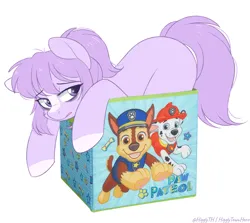 Size: 1130x1007 | Tagged: safe, artist:higgly-chan, derpibooru import, oc, oc:mio (higglytownhero), unofficial characters only, earth pony, pony, bags under eyes, blank flank, blaze (coat marking), box, coat markings, facial markings, female, if i fits i sits, image, lidded eyes, looking at you, mare, open mouth, paw patrol, png, pony in a box, ponytail, simple background, solo, tired, white background, white hooves