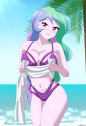 Size: 825x1200 | Tagged: suggestive, artist:riouku, derpibooru import, princess celestia, human, equestria girls, g4, beach, bedroom eyes, belly, belly button, bikini, blushing, breasts, busty princess celestia, cleavage, clothes, commission, female, image, ocean, palm tree, panties, png, principal celestia, solo, solo female, swimsuit, thong, towel, tree, underwear, water