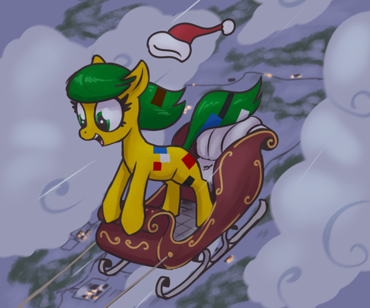 Size: 3000x2500 | Tagged: safe, artist:t72b, derpibooru import, oc, oc:blocky bits, pony, bipedal, bipedal leaning, christmas, cloud, female, flying, forest, hat, holiday, image, leaning, mare, nature, open mouth, png, santa hat, sleigh, snow, tree, wind, windswept mane