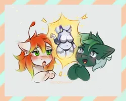 Size: 1900x1520 | Tagged: suggestive, artist:moewwur, artist:rin-mandarin, derpibooru import, oc, oc:chise, oc:guaiacol, unofficial characters only, anthro, pony, unicorn, antennae, breasts, drool, excited, green eyes, happy, horn, horny, image, open mouth, png, postcard, tendrils, thighs, wingding eyes