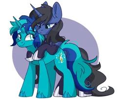 Size: 1794x1448 | Tagged: safe, artist:cinnamontee, derpibooru import, oc, oc:rocky blues, oc:selene lunaris, unofficial characters only, pony, unicorn, bandana, clothes, commission, commissioner:legionofblues, cutie mark, female, horn, hug, image, male, mare, mare oc, png, simple background, socks, stallion, stallion oc, stockings, thigh highs