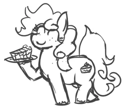 Size: 475x414 | Tagged: safe, artist:jargon scott, derpibooru import, oc, oc:cheesecake, unofficial characters only, earth pony, pony, cake, cheesecake, earth pony oc, eyes closed, female, food, grayscale, image, mare, monochrome, png, simple background, smiling, solo, tail, white background