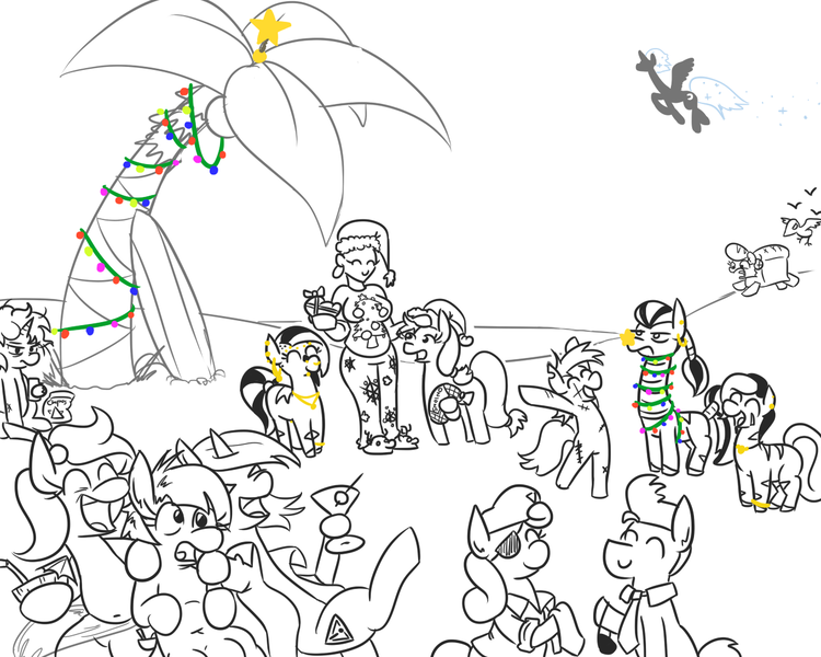 Size: 1280x1024 | Tagged: safe, artist:jargon scott, derpibooru import, princess luna, oc, oc:bahama nectar, oc:baroness, oc:bread pony, oc:chocolate dip, oc:dewdrop sunshine, oc:grittyguts, oc:horsey husband, oc:human wifey, oc:limit state, oc:long neck zebra, oc:low rider, oc:pierced zebra, oc:tater trot, ponified, bird, bread pony, earth pony, food pony, original species, pegasus, pony, seagull, unicorn, zebra, g4, 2017, bag, belly, belly button, bipedal, bracelet, bread, christmas, christmas tree, clothes, cocktail glass, cocktail umbrella, coconut, coconut cup, crotchboobs, ear piercing, earring, earth pony oc, eyebrow piercing, eyepatch, eyes closed, female, flying, food, gift exchange, happy, hat, holiday, horn, image, jewelry, lip piercing, male, mare, necklace, necktie, nose piercing, nudity, olive, onion, open mouth, open smile, palm tree, partial color, pegasus oc, piercing, png, present, prince artemis, rule 63, running, running away, santa hat, sarong, scar, slippers, smiling, stallion, tail, tail wrap, tree, unamused, unicorn oc, wings, zebra oc