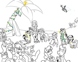 Size: 1280x1024 | Tagged: safe, artist:jargon scott, derpibooru import, princess luna, oc, oc:bahama nectar, oc:baroness, oc:bread pony, oc:chocolate dip, oc:dewdrop sunshine, oc:grittyguts, oc:horsey husband, oc:human wifey, oc:limit state, oc:long neck zebra, oc:low rider, oc:pierced zebra, oc:tater trot, ponified, bird, bread pony, earth pony, food pony, original species, pegasus, pony, seagull, unicorn, zebra, g4, 2017, bag, belly, belly button, bipedal, bracelet, bread, christmas, christmas tree, clothes, cocktail glass, cocktail umbrella, coconut, coconut cup, crotchboobs, ear piercing, earring, earth pony oc, eyebrow piercing, eyepatch, eyes closed, female, flying, food, gift exchange, happy, hat, holiday, horn, image, jewelry, lip piercing, male, mare, necklace, necktie, nose piercing, nudity, olive, onion, open mouth, open smile, palm tree, partial color, pegasus oc, piercing, png, present, prince artemis, rule 63, running, running away, santa hat, sarong, scar, slippers, smiling, stallion, tail, tail wrap, tree, unamused, unicorn oc, wings, zebra oc