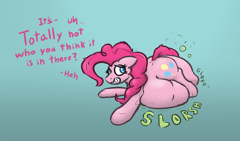 Size: 1639x965 | Tagged: suggestive, artist:voraciouscutie, derpibooru import, pinkie pie, pony, g4, belly, belly bed, big belly, digestion, emanata, female, female pred, huge belly, image, impossibly large belly, looking away, mare, pinkie pred, png, same size vore, sheepish grin, solo, solo female, squeans, stomach noise, talking to viewer, vore