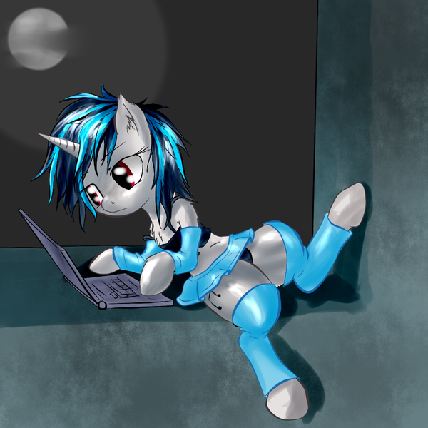 Size: 1024x1024 | Tagged: safe, artist:snus-kun, derpibooru import, vinyl scratch, pony, unicorn, g4, bra, bra on pony, chest fluff, clothes, computer, female, horn, human shoulders, image, laptop computer, mare, midriff, moon, panties, png, red eyes, shoulder fluff, skirt, solo, underwear